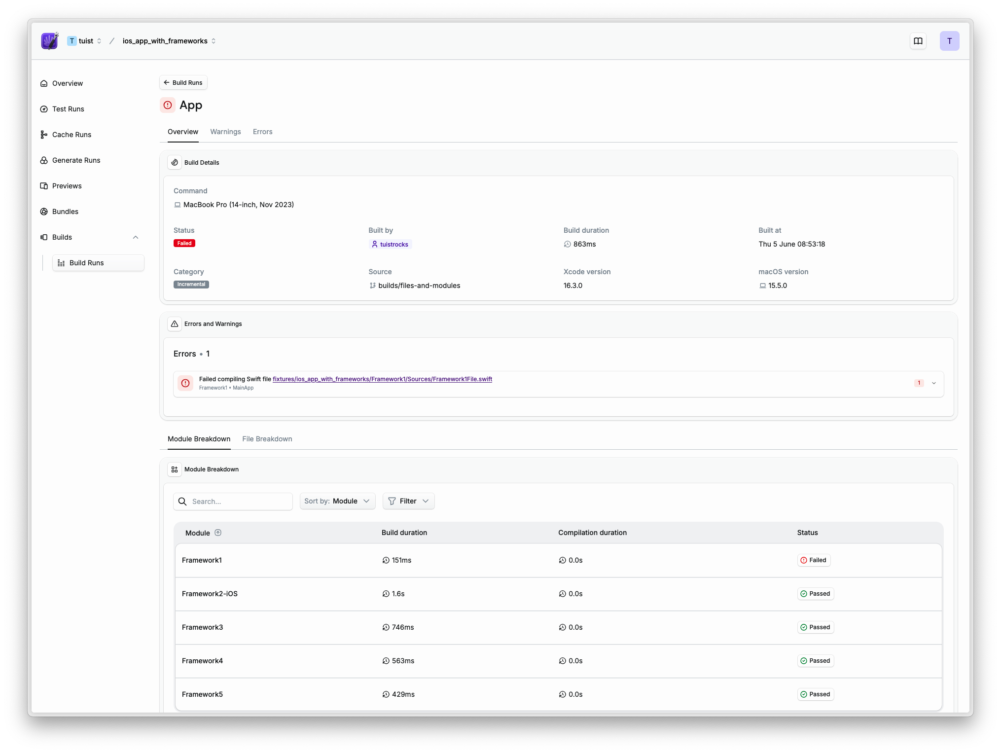 Screenshot of a build detail