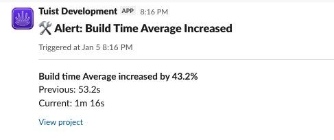 A Slack alert notification showing a build time regression