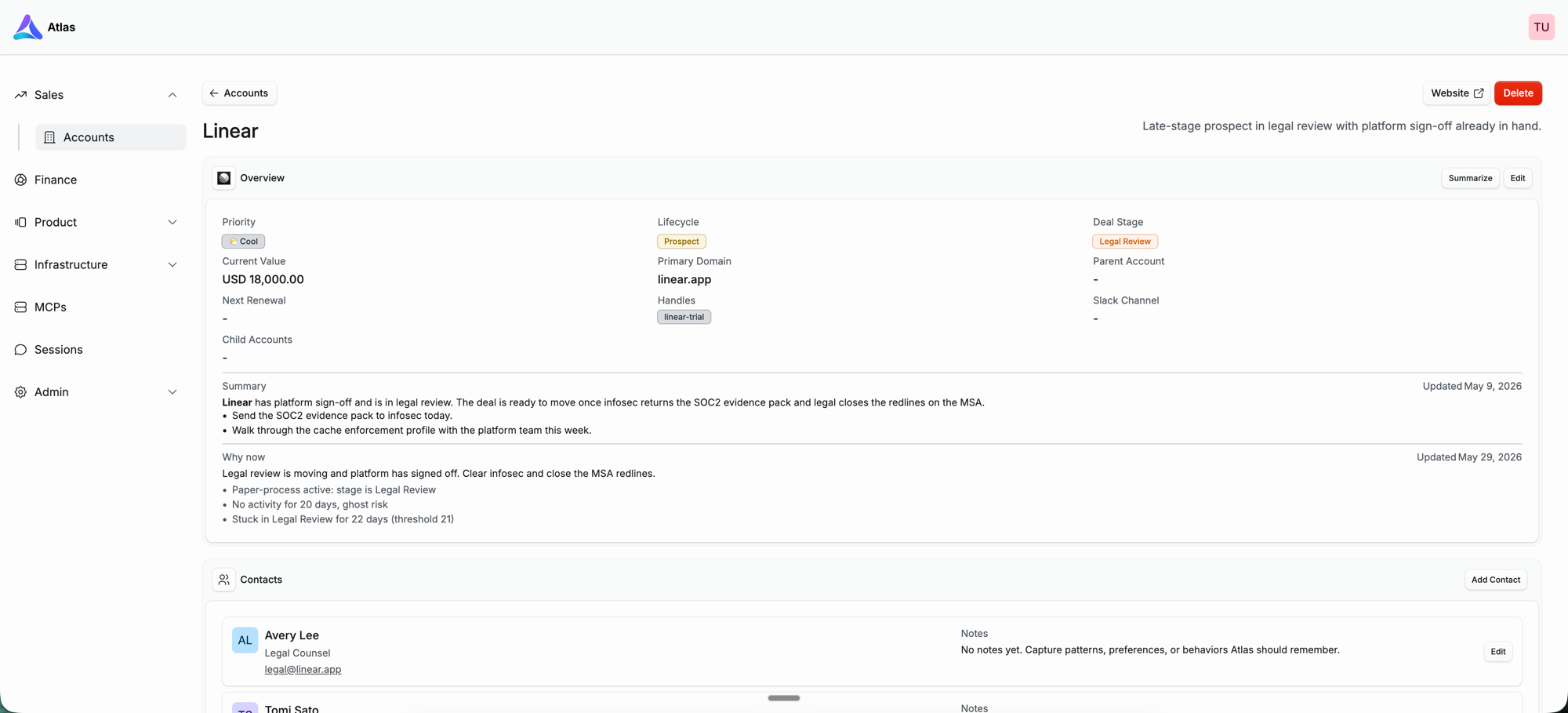 An Atlas account overview showing an account's priority, lifecycle, deal stage, value, an auto-generated summary, a "why now" section with nudges, and contacts