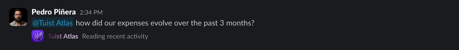 A Slack thread where Pedro asks the Tuist Atlas bot how the company's expenses evolved over the past three months, with the bot replying that it is reading recent activity