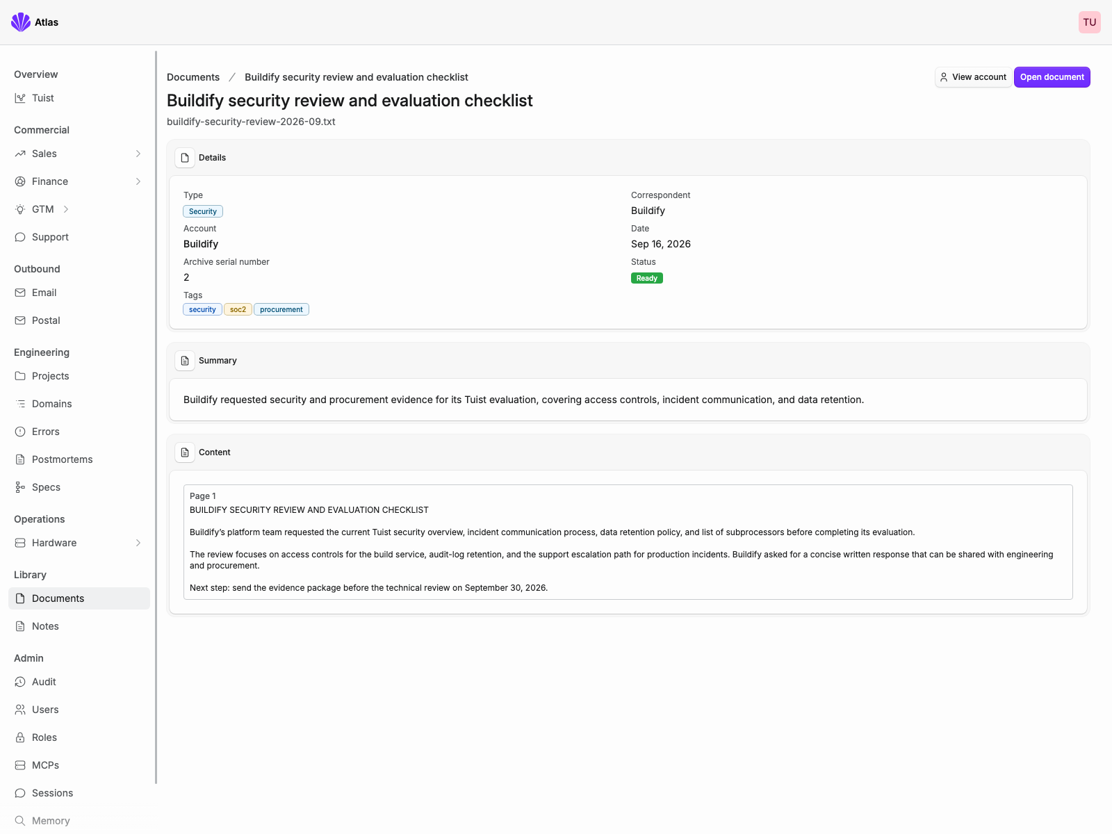 Atlas document page for Buildify's security review and evaluation checklist, with classified metadata, account association, tags, summary, and extracted content