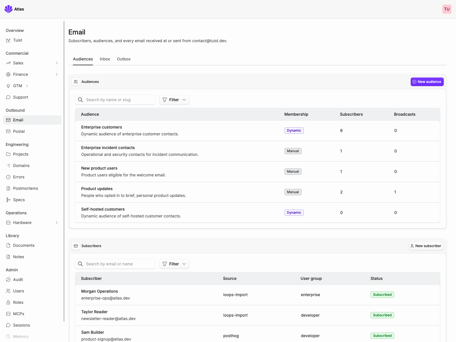 Atlas email audiences with manual product-update and incident-contact lists alongside dynamic enterprise and self-hosted customer audiences