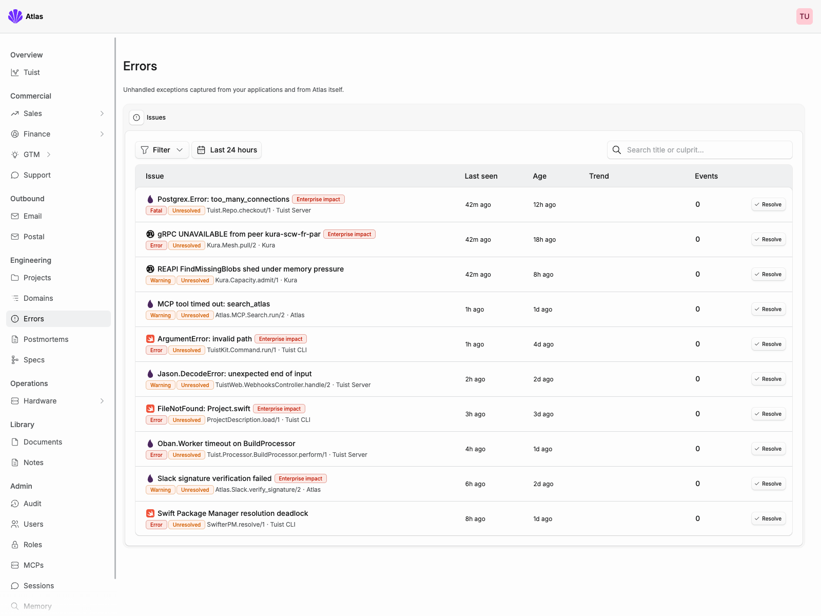 Atlas errors page with fictional issues, severity, event counts, and enterprise-impact indicators