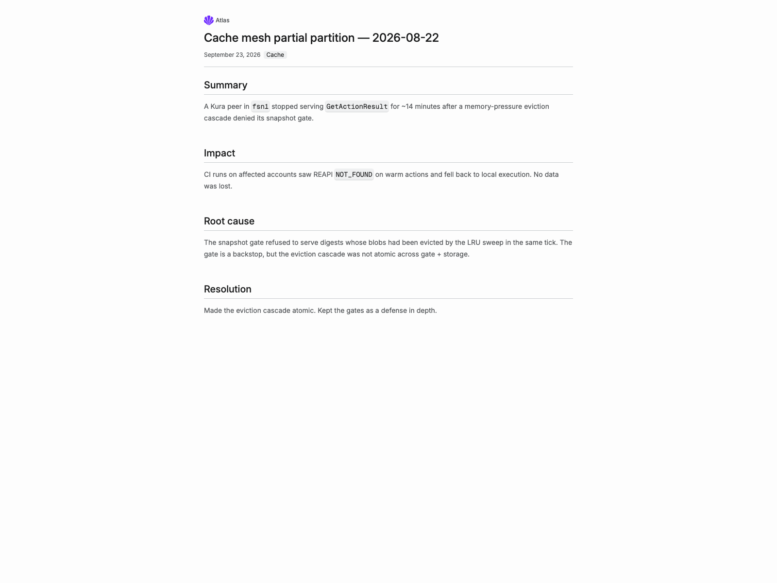 Public Atlas postmortem with the incident summary, impact, root cause, and resolution