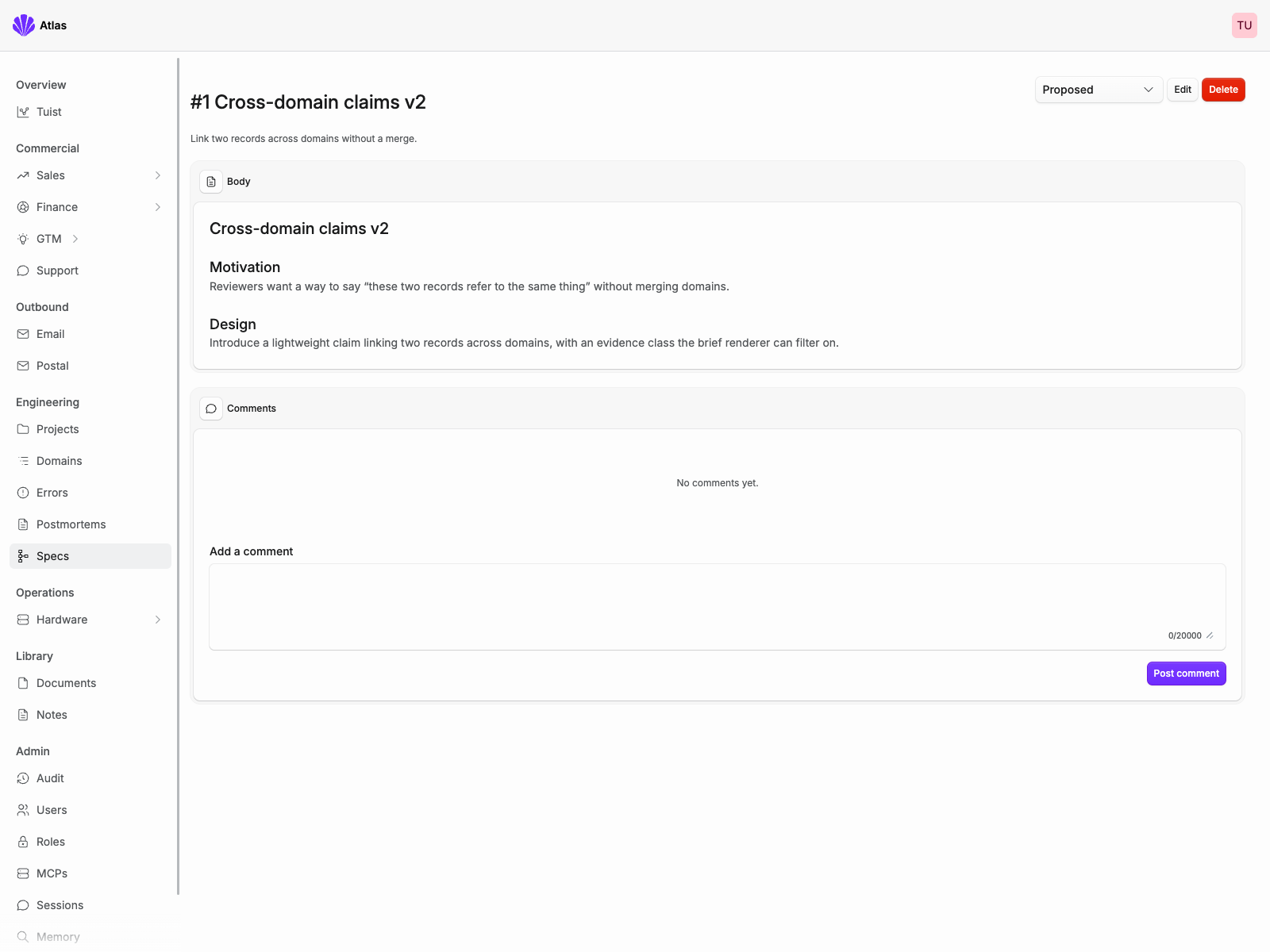 Atlas specification with context, decision record, embedded references, and team comments