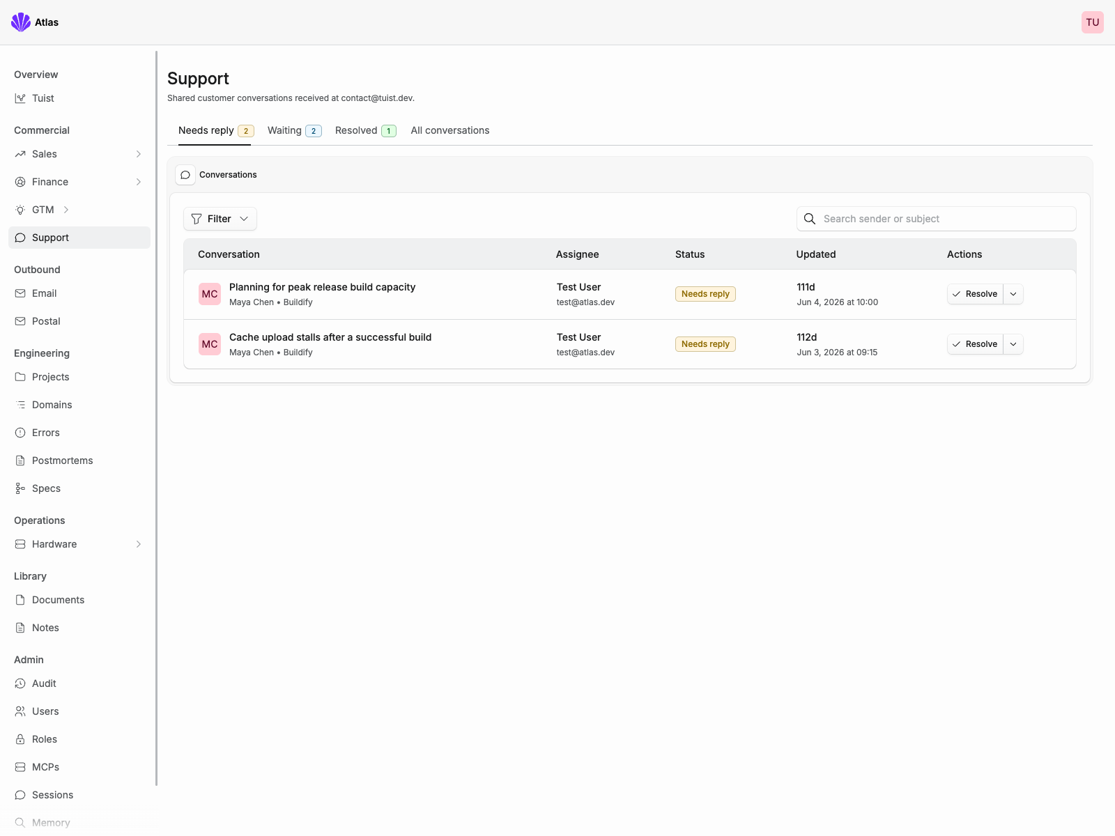 Atlas support inbox showing Buildify conversations that need a reply