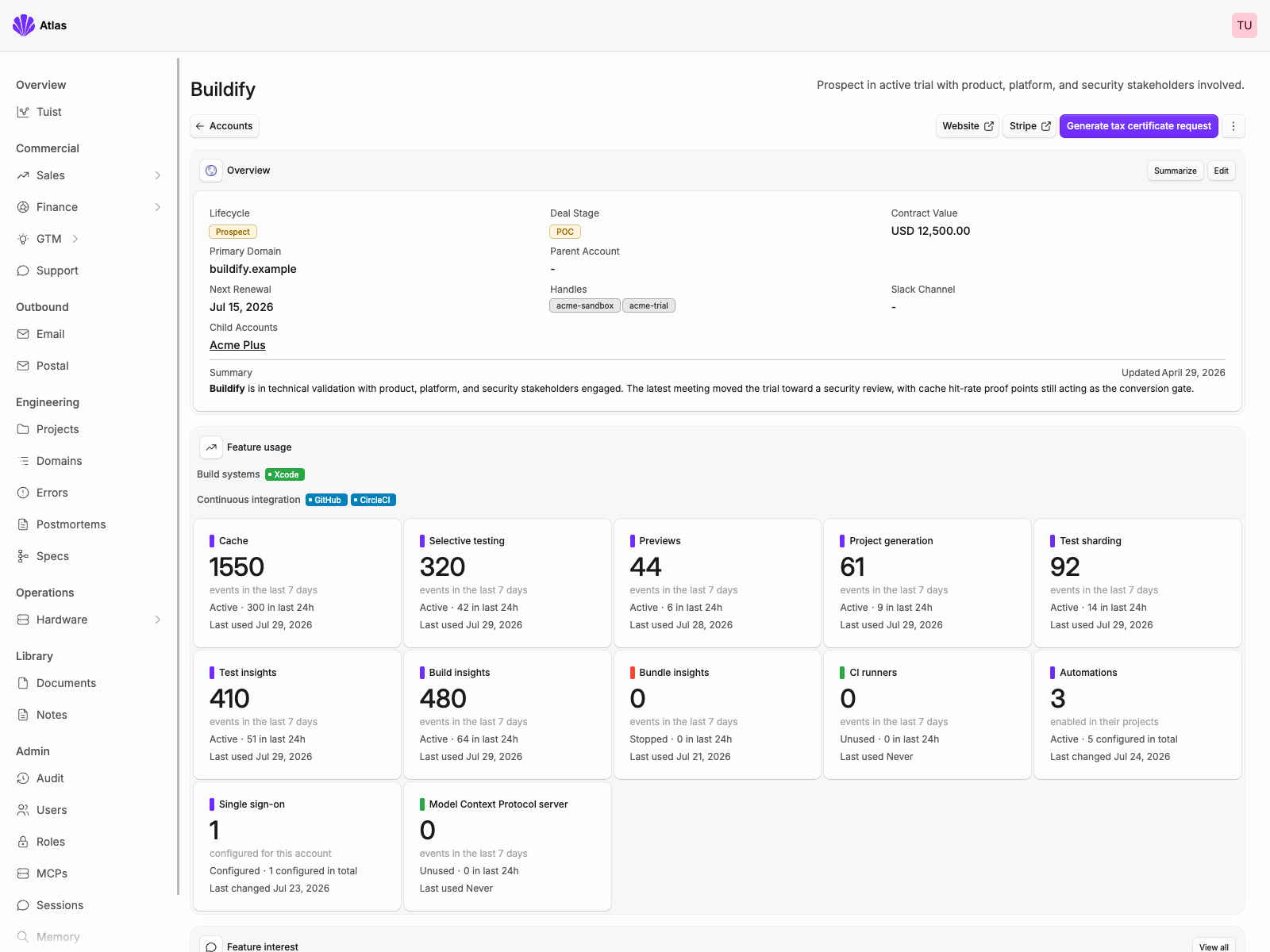 Atlas account overview for Buildify, showing feature usage, a cache-effectiveness nudge, and account context