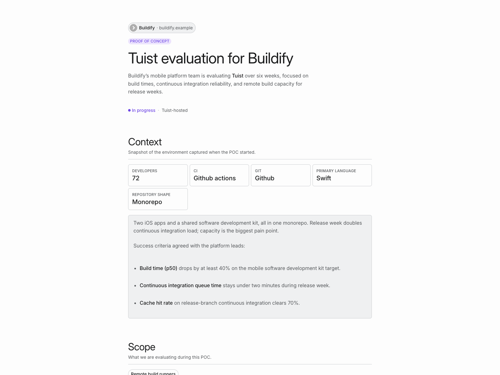 Public Atlas proof of concept brief for Buildify's evaluation of Tuist, with context, success criteria, scope, and timeline