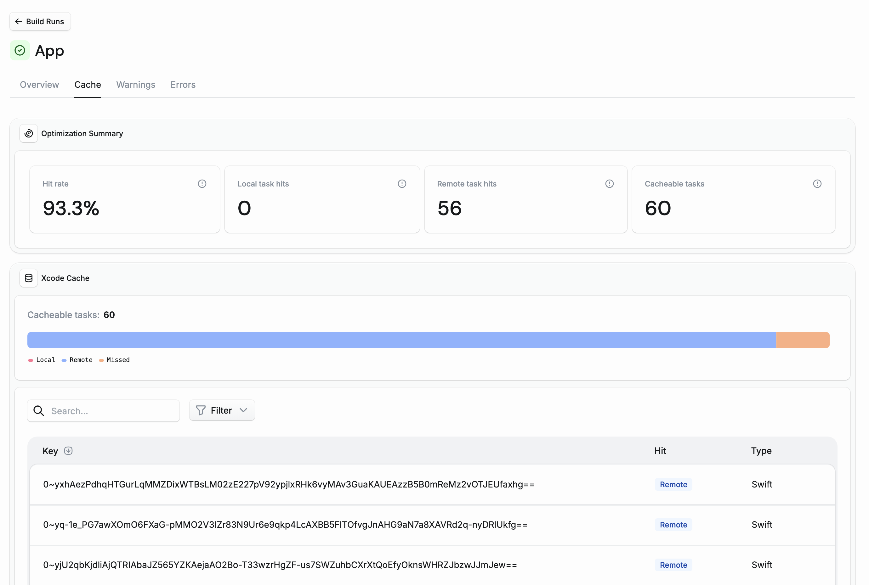 Image showing the new Xcode cache analytics