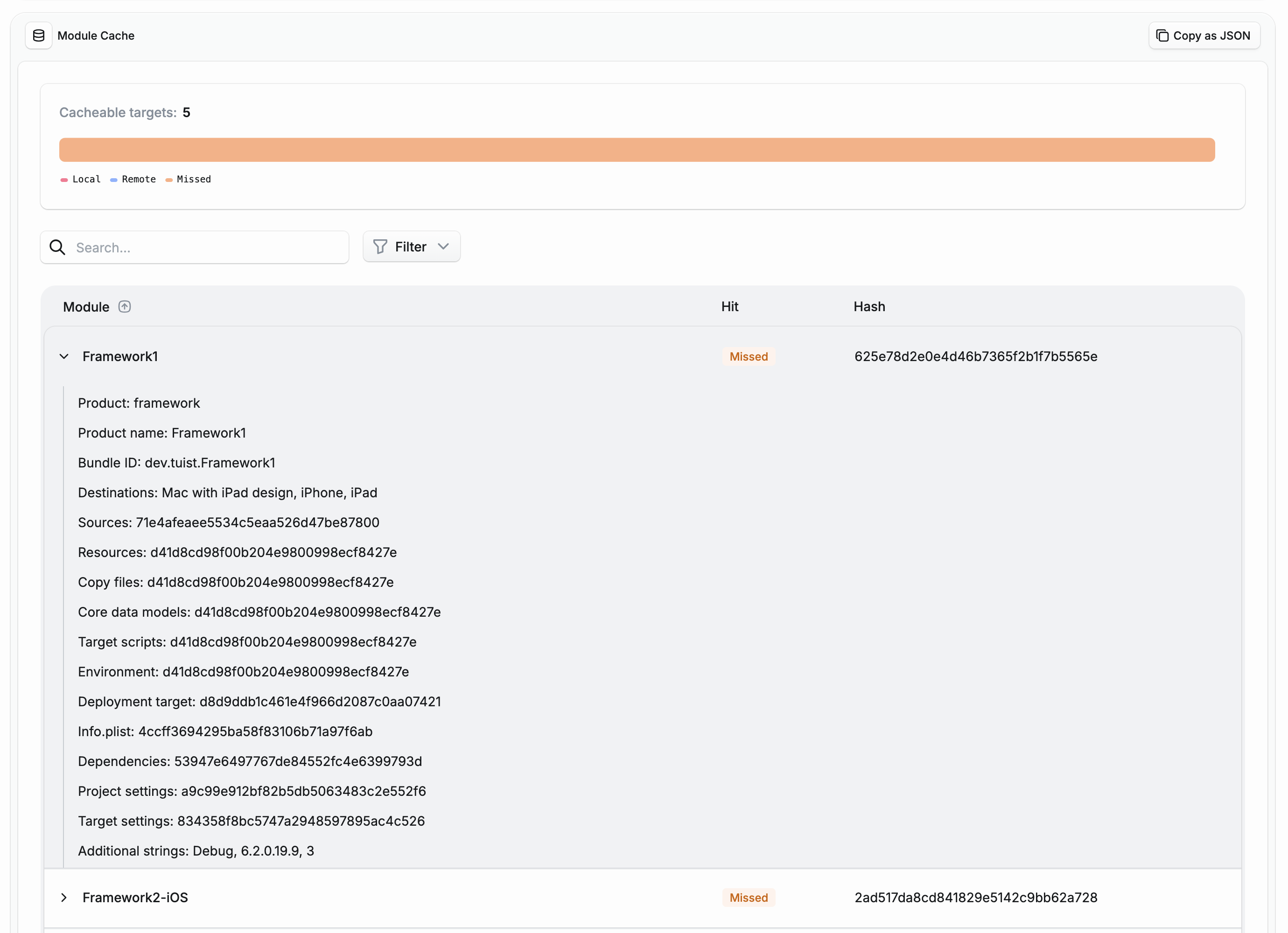 Module cache subhashes
