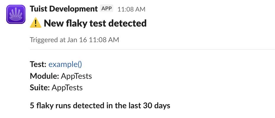 Slack notification showing a new flaky test detected