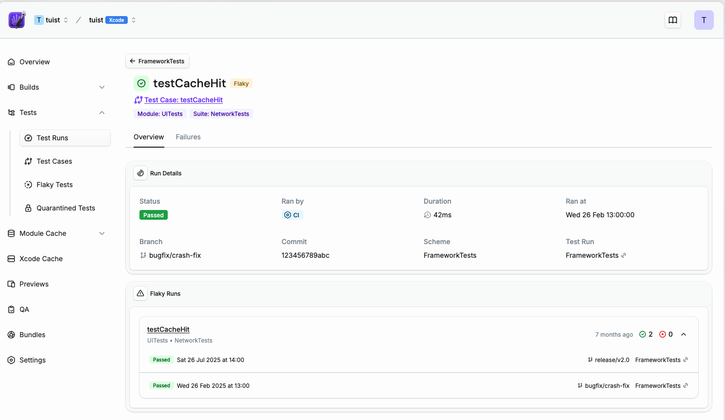 Test case run detail page showing overview with run details and flaky runs