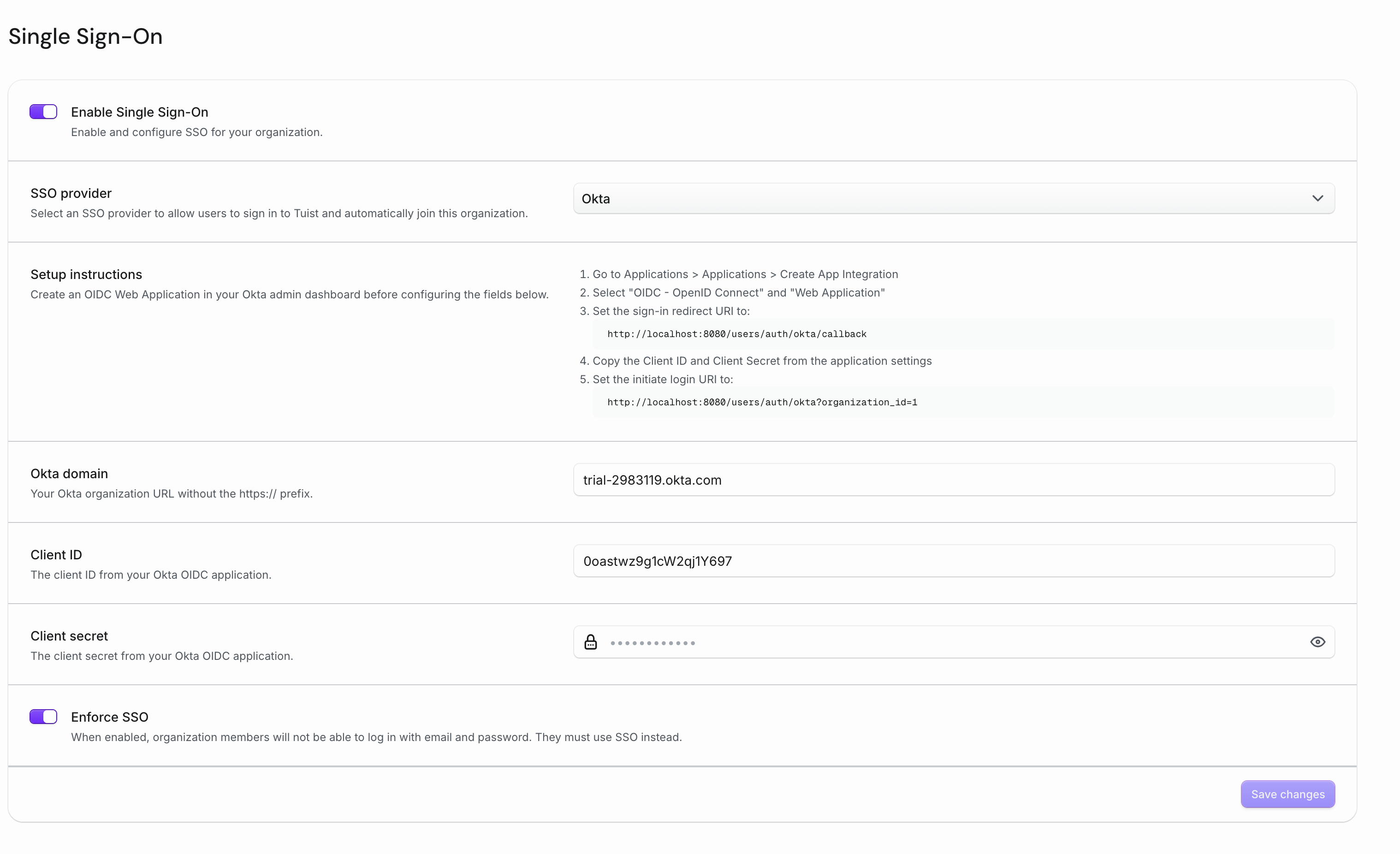SSO enforcement toggle in organization settings