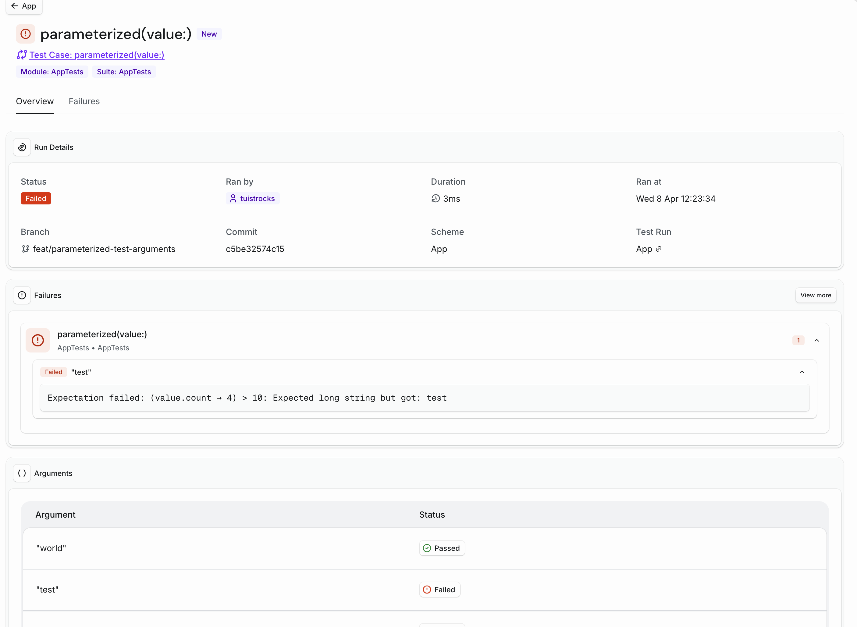 Test case run detail page showing parameterized test arguments with per-argument status and failure details