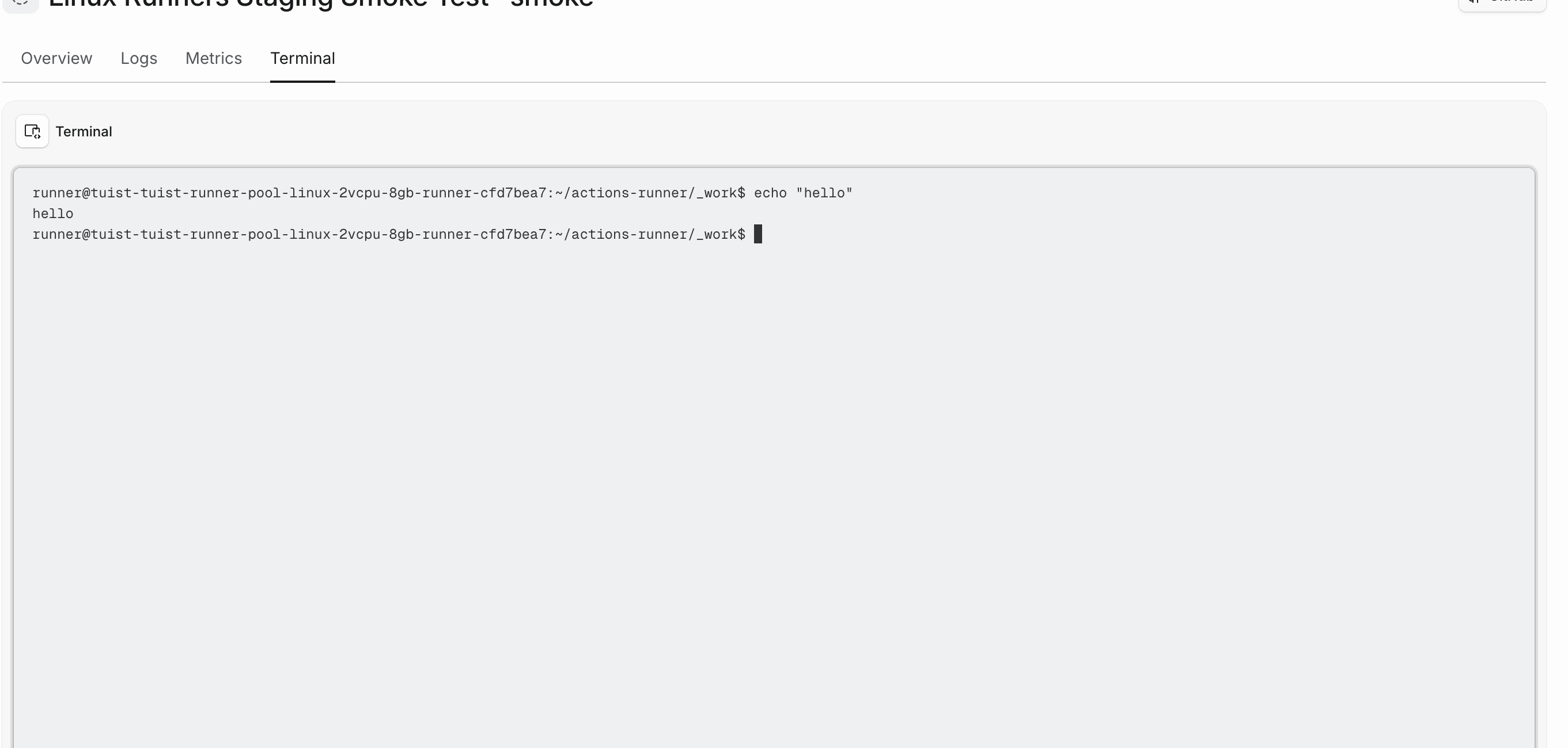 A running Tuist Runner job with the Terminal tab open, showing an interactive shell prompt and command output inside the dashboard