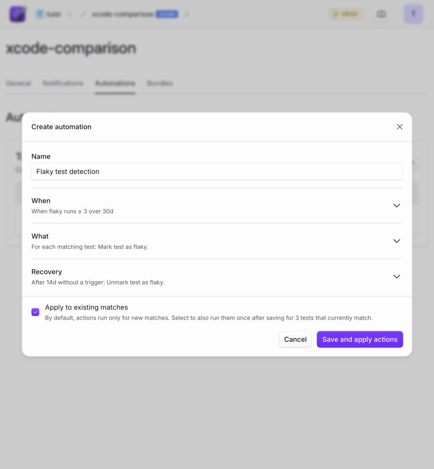 Automation editor showing the option to apply actions to existing matches
