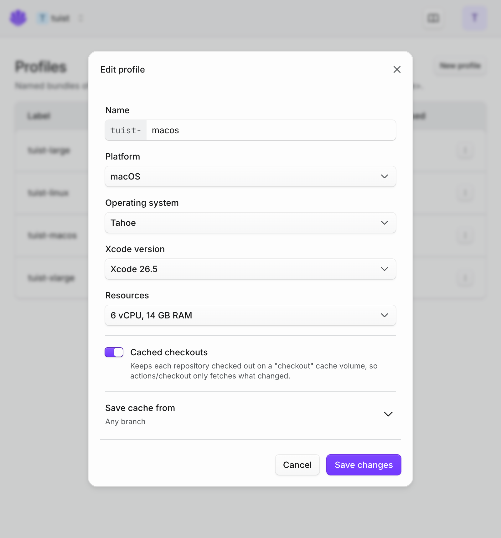 The runner profile form for a macOS profile with Cached checkouts turned on