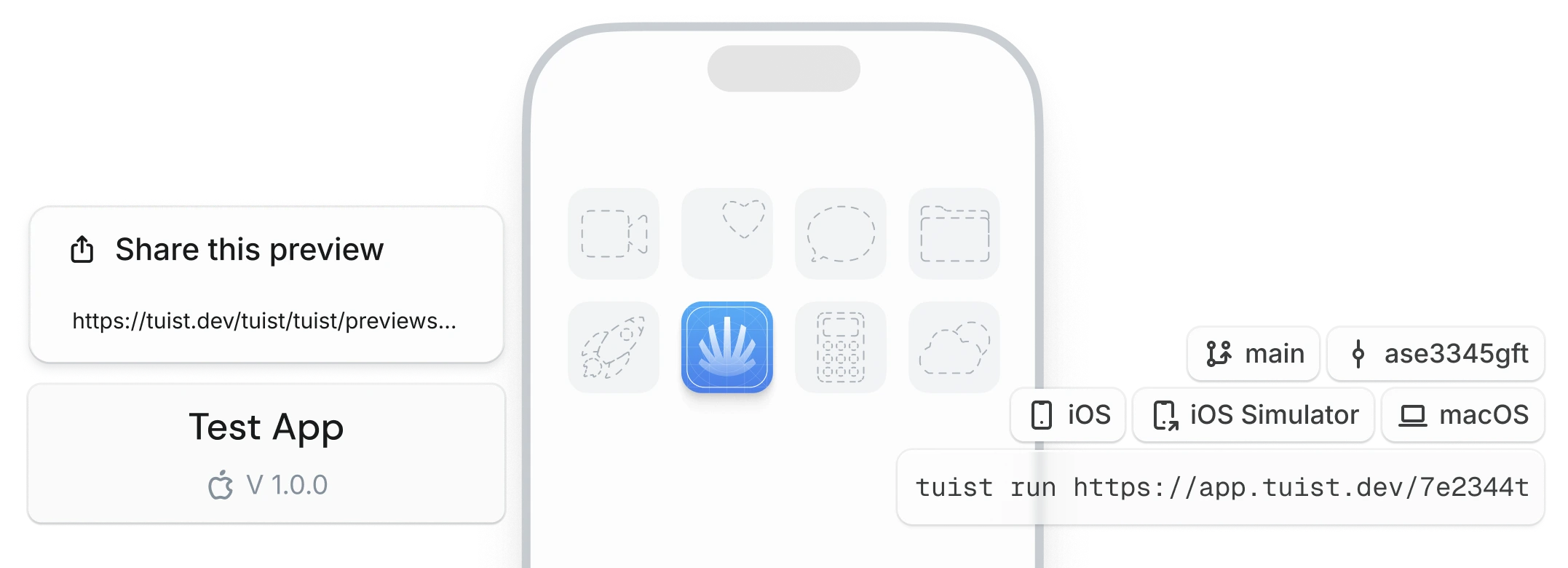 App preview interface showing share preview button and platform options